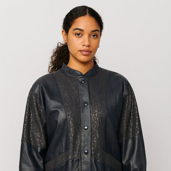 Vtg Oscar Leopold Deep Navy Animal Print Panels Retro Genuine Leather Jacket P/S - Picture 9 of 11